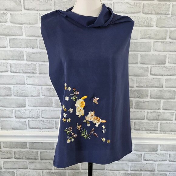 Vintage Blue Embroidered Kittens Scarf Whimsical Novelty - Picture 4 of 9